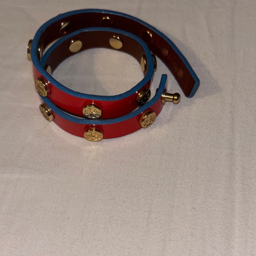Tory Burch Orange and Blue Leather Bracelet with Gold Accents